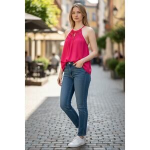 RAMY BROOK Top NEW Size XS Pink Fuchsia $325 Tank Gold Cut Out Katie Blouse